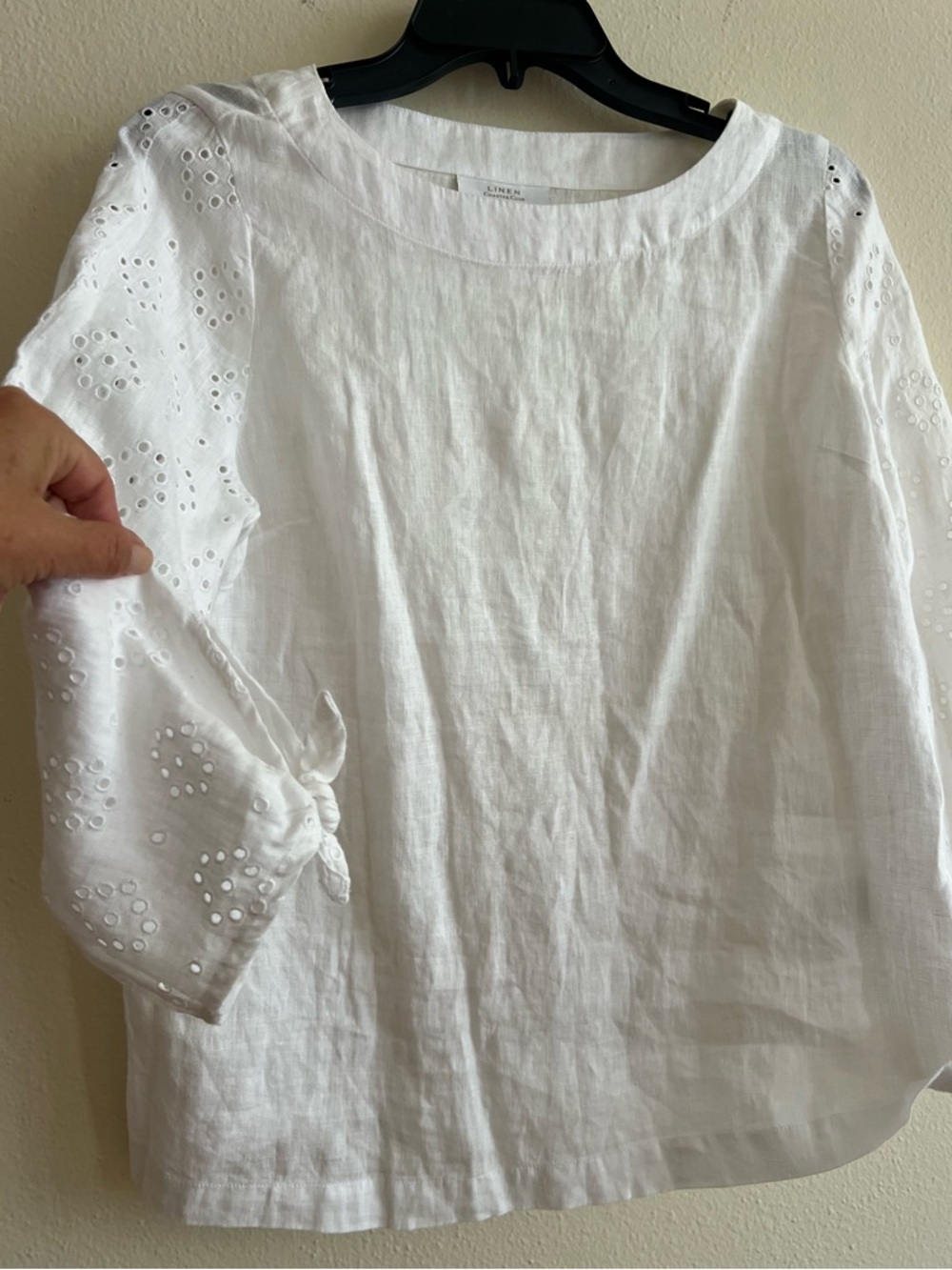 New 100% Linen Charter Club Luxury White Eyelet Tie-Sleeve Blouse Size XS - Picture 5 of 10